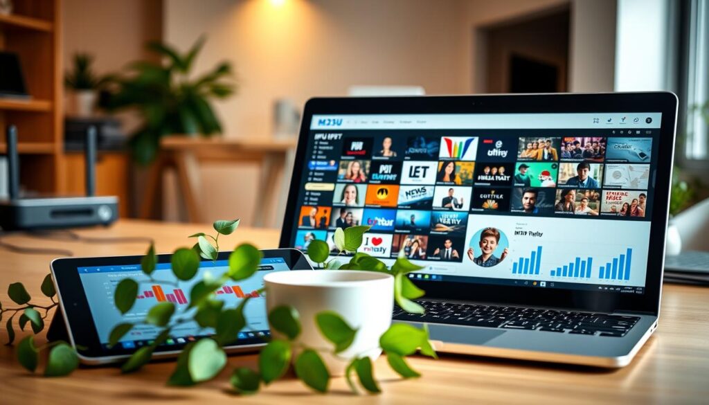 A digital workspace scene showcasing a modern laptop displaying an M3U IPTV playlist on its screen, with vibrant, colorful thumbnails of various channels visible. In the foreground, a high-resolution tablet lies next to the laptop, with graphs and statistics related to IPTV use. The middle features lush green plants and a stylish coffee cup, creating a cozy atmosphere. The background is softly blurred, hinting at a bright office space with subtle hints of technology, like a router and cables, giving a modern feel. Soft, natural lighting enhances the inviting mood, casting gentle shadows, making it look warm and professional. The angle is slightly elevated, focusing on the devices as the main subject, with no text or watermarks present.