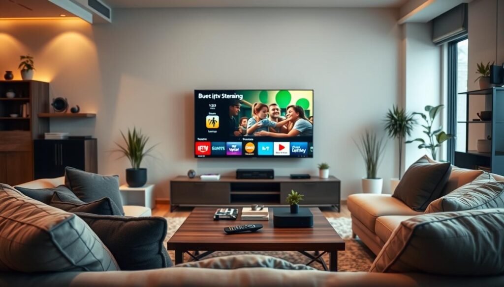 A modern and sleek living room setting focused on a high-tech entertainment center displaying various IPTV service icons on a large flat-screen television. The foreground features a comfortable couch adorned with stylish cushions, while a coffee table showcases a remote control and a few streaming devices, hinting at the IPTV experience. In the middle, the TV is illuminated with vibrant colors from the streaming content, reflecting the innovation of net IPTV. The background includes soft ambient lighting with modern decor elements, such as potted plants and decorative shelves. The scene conveys a warm and inviting atmosphere, ideal for family leisure time, with natural light filtering in from a nearby window, suggesting a cozy yet upscale environment for enjoying digital content.