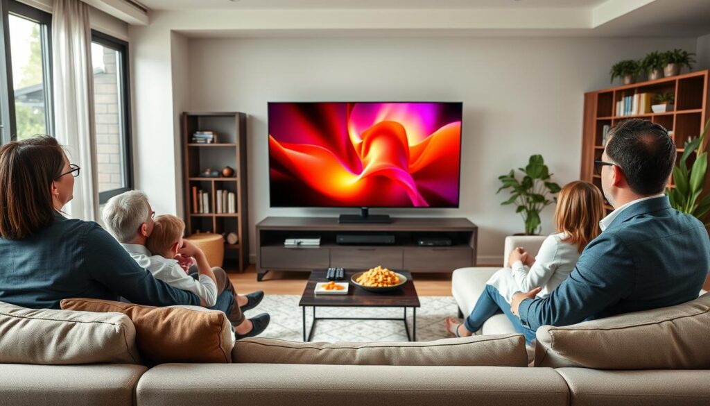 A modern living room featuring a large flat-screen television displaying a vibrant live IPTV broadcast. In the foreground, a comfortable sofa with neatly arranged cushions invites viewers to sit. A family of three, dressed in professional attire, watches the screen intently, embodying a sense of togetherness and engagement. The middle ground includes a stylish coffee table with snacks and remote controls, adding a casual touch to the professional setting. The background reveals a cozy bookshelf filled with books and some indoor plants, creating a warm and inviting atmosphere. Soft, natural lighting from a nearby window highlights the scene, and the overall mood is one of enjoyment and responsible media consumption, emphasizing ethical usage of IPTV services.
