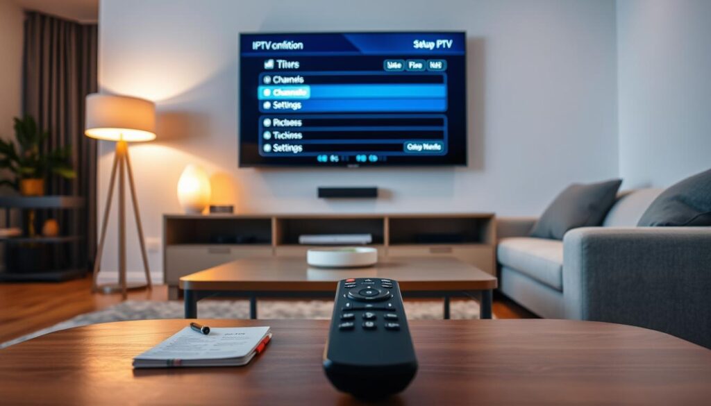 A modern living room featuring a sleek Smart TV displaying an IPTV configuration screen. In the foreground, a stylish coffee table holds a remote control and a small notebook with notes on setup. The middle space shows the Smart TV mounted on a minimalist wall, showing a user-friendly interface with IPTV options like channels and settings. Soft ambient lighting creates a cozy atmosphere, with a warm glow from a nearby lamp. In the background, a plush sofa adds comfort, and the overall scene is inviting and tech-savvy, illustrating the ease of configuring IPTV. The angle is slightly lower than eye level, enhancing the focus on the TV screen and creating a sense of engagement.