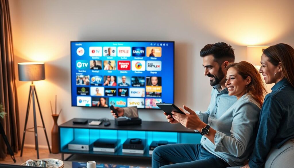 A modern living room scene featuring a sleek flat-screen TV displaying the interface of "mytvonline 2," showcasing a vibrant selection of live TV channels and streaming options. In the foreground, a couple of diverse users, a man and a woman, are engaging with the remote control and tablet, showcasing excitement and satisfaction. Both are dressed in casual, professional attire to reflect a modern lifestyle. The middle ground includes a stylish entertainment unit with various streaming devices and décor elements that enhance a cozy atmosphere. The background features a warm, ambient light from stylish lamps, complemented by soft natural light streaming through a window, creating a welcoming and engaging mood that reflects user experience and satisfaction with the service.