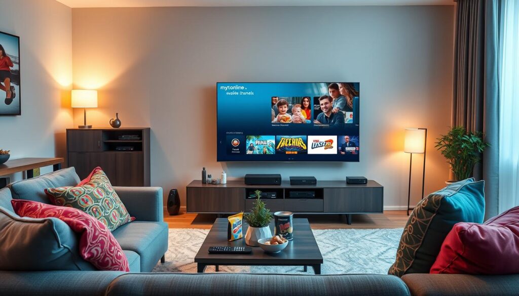 A modern living room scene showcasing a sleek, large-screen television displaying the "mytvonline 2" interface, featuring two available channels prominently highlighted. In the foreground, a cozy sofa adorned with colorful cushions invites viewers to relax, while a stylish coffee table holds snacks and a remote control. In the middle, a stylish entertainment unit houses streaming devices and a small plant for a touch of greenery. The background presents a well-lit room with soft ambient lighting, enhancing the inviting atmosphere. A window displays a hint of natural light streaming in, suggesting a comfortable indoor environment for enjoying live TV. The overall mood is relaxed and engaging, perfect for families and individuals ready to dive into their favorite shows.