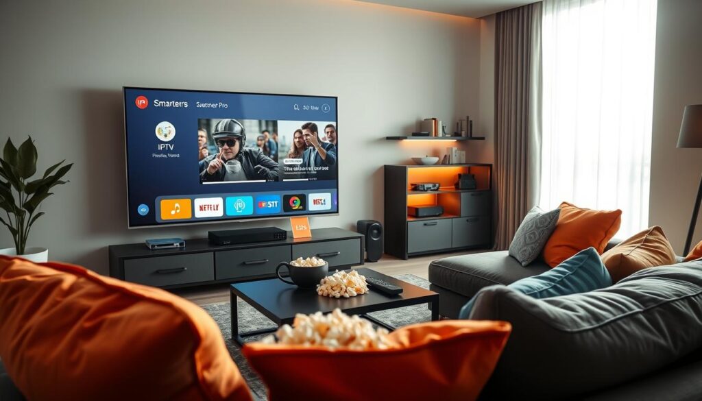 A modern living room setting, showcasing a sleek, large flat-screen TV displaying the IPTV Smarters Pro interface. In the foreground, a comfortable sofa adorned with vibrant cushions invites viewers to sit back and enjoy. A stylish coffee table rests beside the sofa, holding popcorn and a remote control, emphasizing a cozy viewing atmosphere. In the middle ground, a stylish entertainment unit displays various media devices, illuminated by soft ambient lighting that enhances the inviting mood of the space. The background features a large window with natural light streaming in, enhancing the warm and welcoming atmosphere. The angle is slightly tilted, capturing the full richness of the room while maintaining focus on the display screen, illustrating how IPTV elevates the streaming experience.