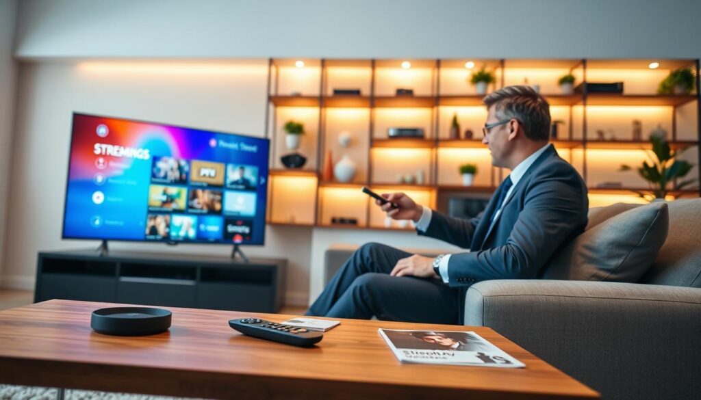 A modern living room showcasing a sleek Smart TV prominently displaying a vibrant digital interface for IPTV services. In the foreground, a stylish wooden coffee table features a remote control and a couple of streaming service guides. The middle ground boasts a plush sofa where a person in professional business attire is intently navigating the IPTV menu using the remote, reflecting engagement with the technology. The background includes shelves with neatly arranged tech gadgets and decorative plants, illuminated by soft, warm ambient lighting that creates a cozy atmosphere. The image captures a feeling of innovation and comfort, combining modern technology with a relaxed home environment. The angle should be slightly elevated to provide a comprehensive view of the Smart TV and the user’s interaction.
