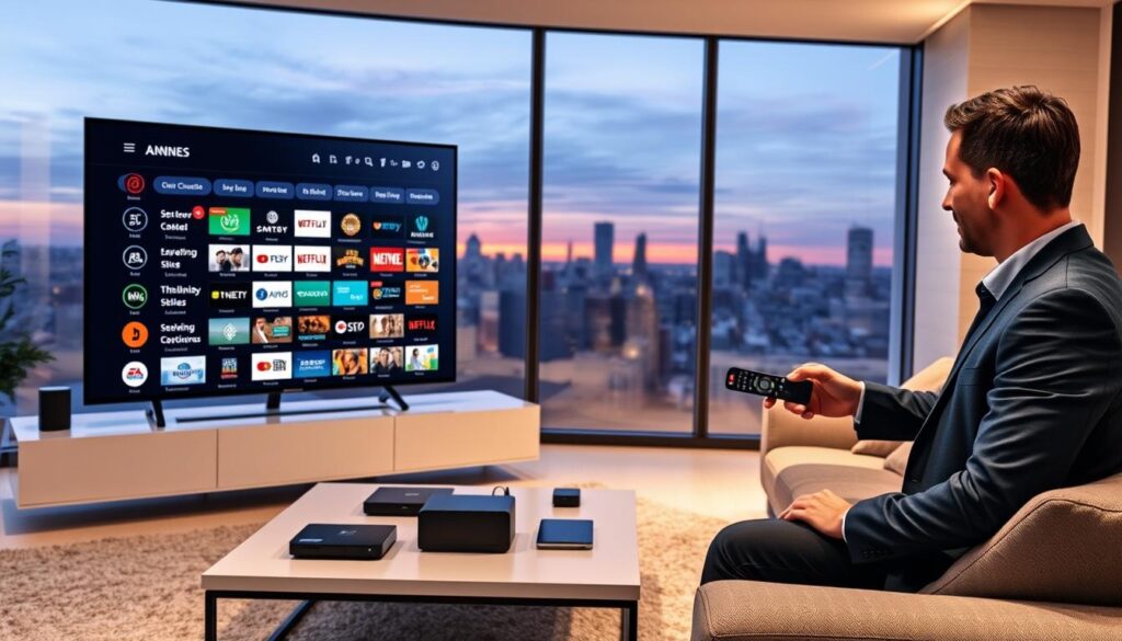 A sleek, modern living room setting featuring a large flat-screen TV displaying the IPTV Smarters Pro interface, showcasing various organized channel lists. In the foreground, a professional individual in business attire is interacting with a remote control, engrossed in selecting channels. The middle ground includes a stylish coffee table with a laptop and a few streaming devices, while soft lighting casts a warm glow, enhancing the inviting atmosphere. The background displays a large window with a view of a cityscape at dusk, providing an urban touch. The overall mood is focused and professional, illustrating the seamless experience of curating personal entertainment with IPTV Smarters Pro.