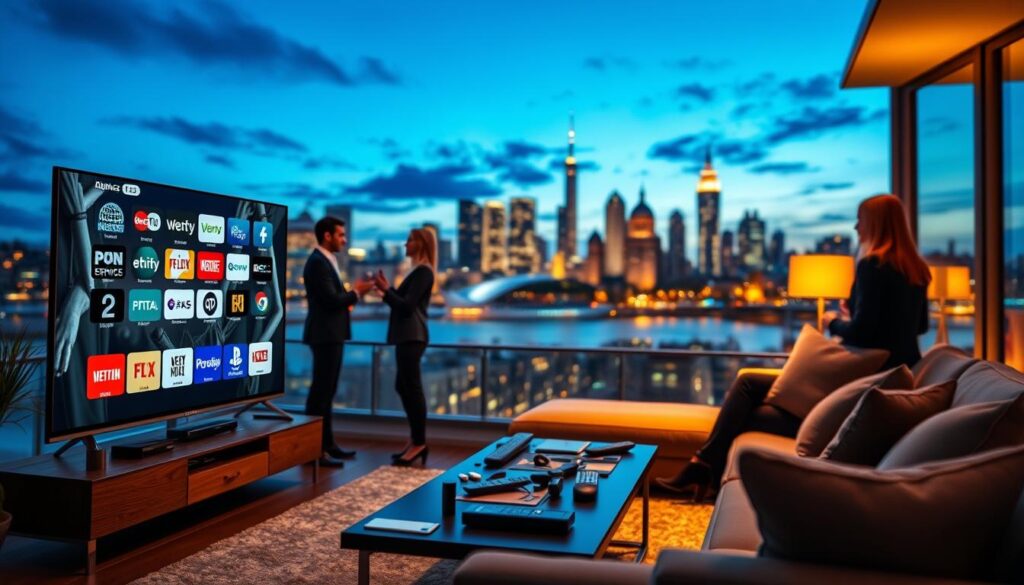 A vibrant and dynamic digital collage representing the key players in IPTV in France for 2026. In the foreground, a sleek, modern television screen displays streaming icons from popular IPTV services, surrounded by professional individuals in business attire discussing technology. In the middle ground, a stylish living room setup features a cozy couch, with a coffee table cluttered with high-tech gadgets like remote controls and tablets. The background includes a contemporary skyline of a French city, subtly illuminated against the evening sky, creating a sophisticated urban atmosphere. Soft, warm lighting enhances the scene's inviting feel, and a shallow depth of field focuses on the foreground elements while gently blurring the background, emphasizing the importance of innovation in IPTV services.