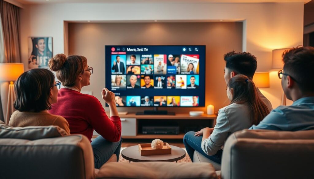 A vibrant living room featuring a family gathered around a sleek smart TV displaying popular IPTV content in 2026. In the foreground, a diverse group of three people – a middle-aged woman, a young adult man, and a teenage girl – are enjoying a streaming show, each engaged with varying expressions of excitement. The middle ground focuses on the TV screen that showcases a dynamic collage of genres such as sports, movies, and educational programming, with icons subtly representing each category. The background highlights modern decor, plush furniture, and warm lighting emanating from stylish floor lamps, creating an inviting and cozy atmosphere. Captured with a warm color palette and soft focus, the image conveys a sense of family unity and entertainment in the digital age.