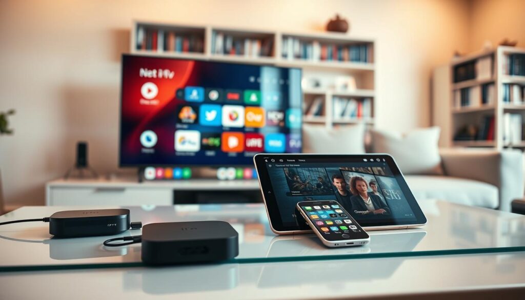 An assortment of modern net IPTV compatible devices arranged aesthetically on a sleek, polished table. The foreground features a smart TV displaying a vibrant, colorful interface with various streaming icons. To the left, a compact streaming device is connected to the TV, showcasing its sleek design. In the middle ground, an elegant tablet and smartphone rest side by side, displaying a streaming app, surrounded by a cozy living room setup with a soft sofa and dim ambient lighting. The background features a softly blurred bookshelf filled with DVDs and books, creating a homey yet tech-savvy atmosphere. The overall mood is inviting and modern, emphasizing convenience and entertainment in a contemporary living space, captured with a warm, soft focus lens effect.