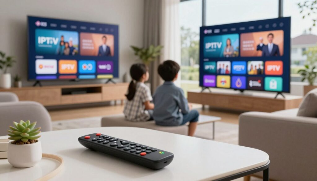 A close-up of a modern living room featuring a sleek television displaying a vibrant IPTV interface, surrounded by comfortable furniture. In the foreground, there is a coffee table with a remote control and popular streaming service logos artistically arranged, symbolizing the diversity of IPTV options. The middle ground showcases a family enjoying the content together, dressed in professional business attire, seated comfortably on a stylish sofa. Soft, warm lighting creates an inviting atmosphere, emphasizing a sense of community and entertainment. In the background, large windows let in natural light, revealing a serene suburban scene, which enhances the feeling of relaxation and choice. The overall mood is informative and engaging, reflecting the essence of selecting the right IPTV trial.