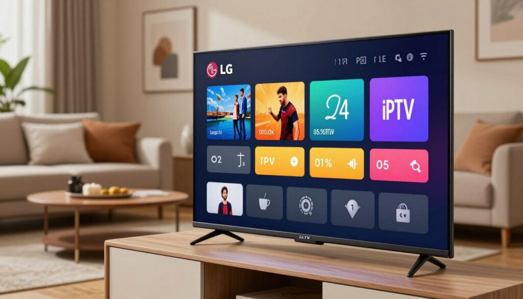 A close-up view of a sleek LG TV displaying an IPTV player interface on the screen, showcasing vibrant color options and user-friendly navigation. In the foreground, the TV is elegantly placed on a modern media console with subtle wood grain details. The middle layer features a stylish living room setting, including a comfortable sofa with soft cushions and a neatly arranged coffee table, enhancing the inviting atmosphere. Soft, warm lighting bathes the scene, creating a cozy environment. The background includes a softly blurred wall with contemporary artwork and plants, emphasizing a balanced and tech-savvy living space. The mood is modern and inviting, perfect for discussing advanced IPTV app features.