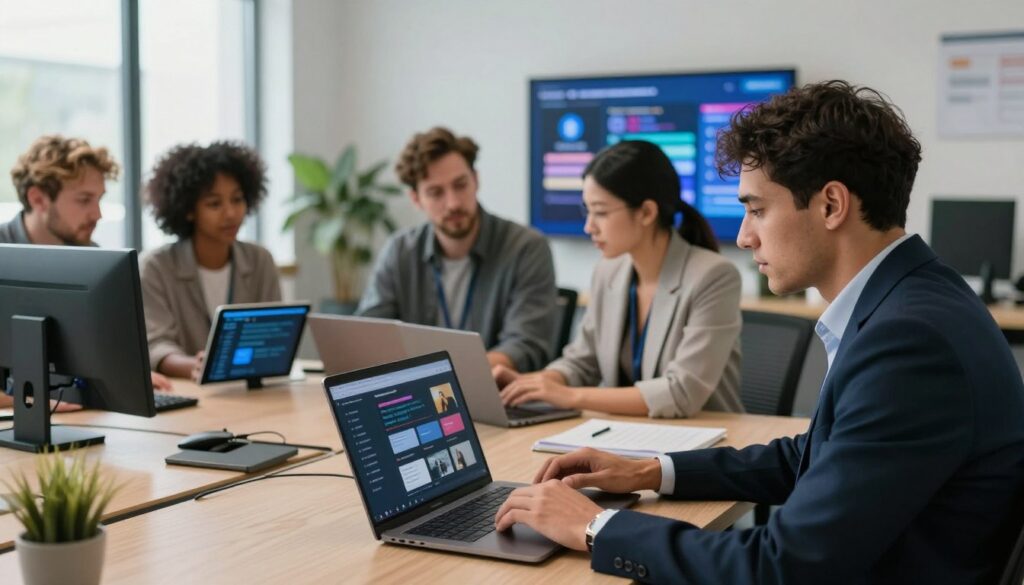 A contemporary office environment depicting a team of diverse professionals troubleshooting common IPTV issues, including both Scottish and London streaming platforms. In the foreground, a focused technician, dressed in professional business attire, examines a laptop with streaming error messages displayed. In the middle ground, a group of two colleagues discusses solutions, surrounded by digital devices like tablets and smart TVs. The background showcases a wall-mounted screen with troubleshooting graphics. Soft, natural lighting filters through large windows, creating a calm yet focused atmosphere. The lens should capture a slightly elevated angle, emphasizing teamwork and collaboration while maintaining a clean, organized space that reflects a tech-savvy work culture.