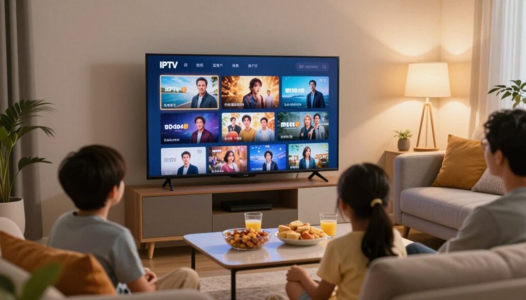 A cozy and inviting living room setting featuring a family gathered around a large flat-screen television, watching streams of various TV shows and movies. In the foreground, a modern coffee table with snacks and drinks, suggesting a relaxed viewing atmosphere. The middle ground showcases the television displaying vibrant, dynamic visuals, symbolizing affordable IPTV options. The background includes a comfortable sofa with colorful cushions and warm lighting emanating from tasteful lamps, creating a welcoming ambiance. Use soft focus for the background to keep attention on the family and the television. The mood is friendly and engaging, reflecting the idea of shared entertainment experiences.