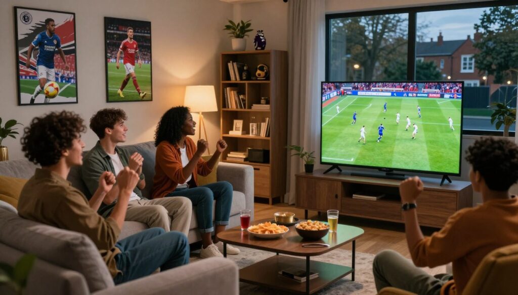 A cozy living room scene designed for streaming sports, featuring a modern flat-screen television displaying a Premier League match in full action. In the foreground, a diverse group of friends in casual, comfortable clothing are seated on a plush sofa, engaging and cheering, with snacks and drinks on a coffee table. In the middle ground, soft dim lighting creates a warm atmosphere, enhancing the excitement of the moment. The background includes posters of famous football players and a bookshelf filled with sports memorabilia. A large window shows a lively outdoor scene, hinting at a friendly neighborhood vibe. The overall mood is energetic and enthusiastic, capturing the essence of a fun and engaging live sports streaming experience.