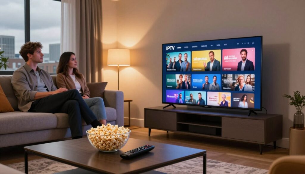 A cozy living room scene featuring a modern smart TV displaying various IPTV channels, showcasing popular UK programs and streaming options. In the foreground, a stylish coffee table is adorned with a bowl of popcorn and two remote controls. The middle layer includes a comfortable sofa with two individuals dressed in professional business attire, intently watching the screen, displaying a sense of engagement and enthusiasm. In the background, warm ambient lighting bathes the room, creating an inviting atmosphere. Soft shadows accentuate the furnishings and the TV, while a large window reveals a cloudy London skyline, subtly hinting at the UK setting. The composition is shot from a slightly lower angle to emphasize the smart TV and the lively interaction of the viewers, capturing a modern, tech-savvy streaming experience.