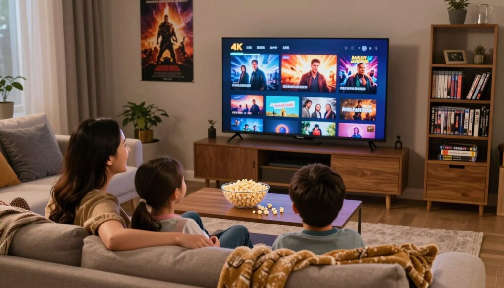 A cozy living room scene showcasing a family enjoying a movie night with a large flat-screen TV displaying vibrant, high-definition imagery from a 4K streaming movie. In the foreground, a mother and father snuggle on a comfortable couch with their two children, all engaged and smiling at the screen. The room is warmly lit, with soft, ambient lighting that creates an inviting atmosphere. In the middle, a bowl of popcorn spills onto the coffee table, surrounded by blankets and plush cushions. The background features a tastefully decorated wall with movie posters and a bookshelf filled with DVDs. The image captures a sense of joy and togetherness, emphasizing the family-friendly vibe of 4K streaming movies, photographed from a slightly elevated angle to encapsulate the entire scene beautifully. A cozy living room scene showcasing a family enjoying a movie night with a large flat-screen TV displaying vibrant, high-definition imagery from a 4K streaming movie. In the foreground, a mother and father snuggle on a comfortable couch with their two children, all engaged and smiling at the screen. The room is warmly lit, with soft, ambient lighting that creates an inviting atmosphere. In the middle, a bowl of popcorn spills onto the coffee table, surrounded by blankets and plush cushions. The background features a tastefully decorated wall with movie posters and a bookshelf filled with DVDs. The image captures a sense of joy and togetherness, emphasizing the family-friendly vibe of 4K streaming movies, photographed from a slightly elevated angle to encapsulate the entire scene beautifully.