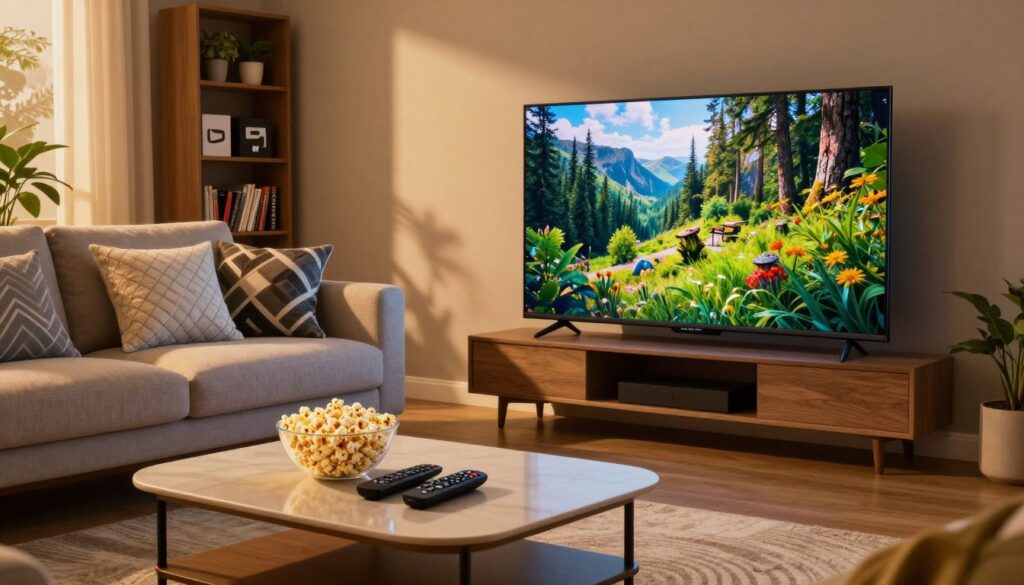 A cozy living room setting designed for optimal 4K streaming experience, featuring a large, ultra-high-definition television displaying a vibrant scene from a nature documentary. In the foreground, a stylish coffee table holds a bowl of popcorn and two sleek remote controls. The middle ground showcases a plush sofa with a neatly arranged set of decorative cushions in modern patterns. Soft, warm lighting illuminates the space, casting inviting shadows that create a relaxing atmosphere. In the background, a wall-mounted bookshelf displays various streaming service logos subtly integrated into the decor, alongside DVDs and plants. The scene conveys a mood of comfort and modern technology, inviting viewers to immerse themselves in a cinematic experience at home. The angle is slightly elevated, capturing the essence of the space while emphasizing the large screen. A cozy living room setting designed for optimal 4K streaming experience, featuring a large, ultra-high-definition television displaying a vibrant scene from a nature documentary. In the foreground, a stylish coffee table holds a bowl of popcorn and two sleek remote controls. The middle ground showcases a plush sofa with a neatly arranged set of decorative cushions in modern patterns. Soft, warm lighting illuminates the space, casting inviting shadows that create a relaxing atmosphere. In the background, a wall-mounted bookshelf displays various streaming service logos subtly integrated into the decor, alongside DVDs and plants. The scene conveys a mood of comfort and modern technology, inviting viewers to immerse themselves in a cinematic experience at home. The angle is slightly elevated, capturing the essence of the space while emphasizing the large screen.