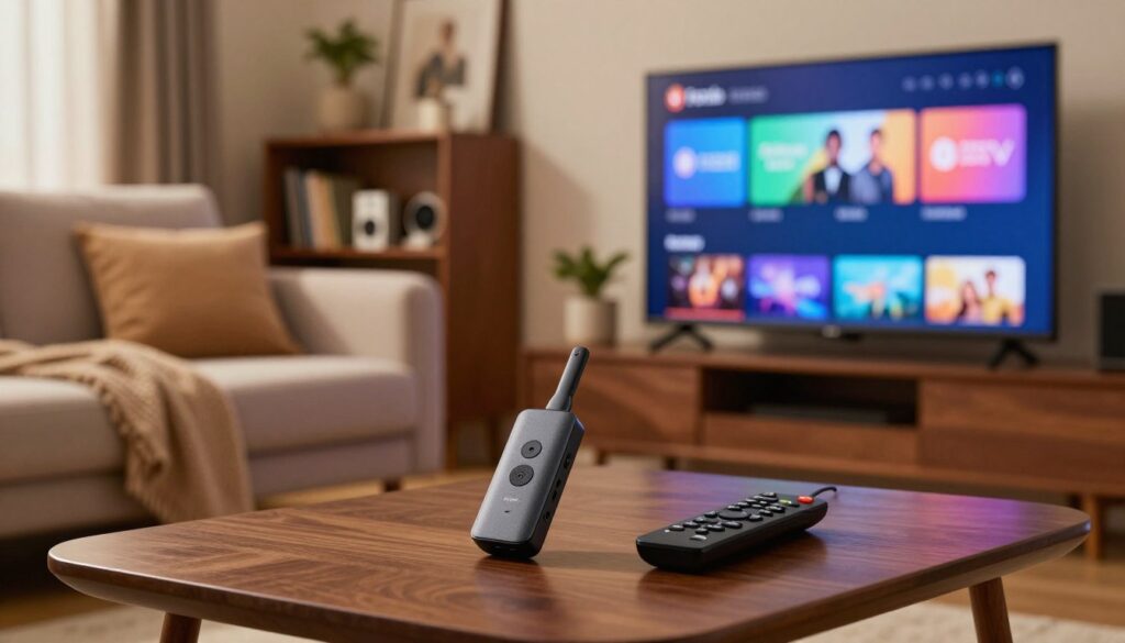 A cozy living room setting focused on a modern television displaying a vibrant Firestick interface. In the foreground, a sleek Firestick device sits near a remote control on a dark wooden coffee table. On the middle ground, a comfortable couch with soft cushions and a blanket invites viewers to relax. Behind this, a shelf filled with various tech gadgets and decorative plants adds depth. Soft, warm lighting highlights the scene, creating a welcoming atmosphere. The angle should be slightly tilted to capture both the television and the Firestick prominently. The overall mood should be inviting and tech-savvy, reflecting the ease of setting up an IPTV player on Firestick. A cozy living room setting focused on a modern television displaying a vibrant Firestick interface. In the foreground, a sleek Firestick device sits near a remote control on a dark wooden coffee table. On the middle ground, a comfortable couch with soft cushions and a blanket invites viewers to relax. Behind this, a shelf filled with various tech gadgets and decorative plants adds depth. Soft, warm lighting highlights the scene, creating a welcoming atmosphere. The angle should be slightly tilted to capture both the television and the Firestick prominently. The overall mood should be inviting and tech-savvy, reflecting the ease of setting up an IPTV player on Firestick.