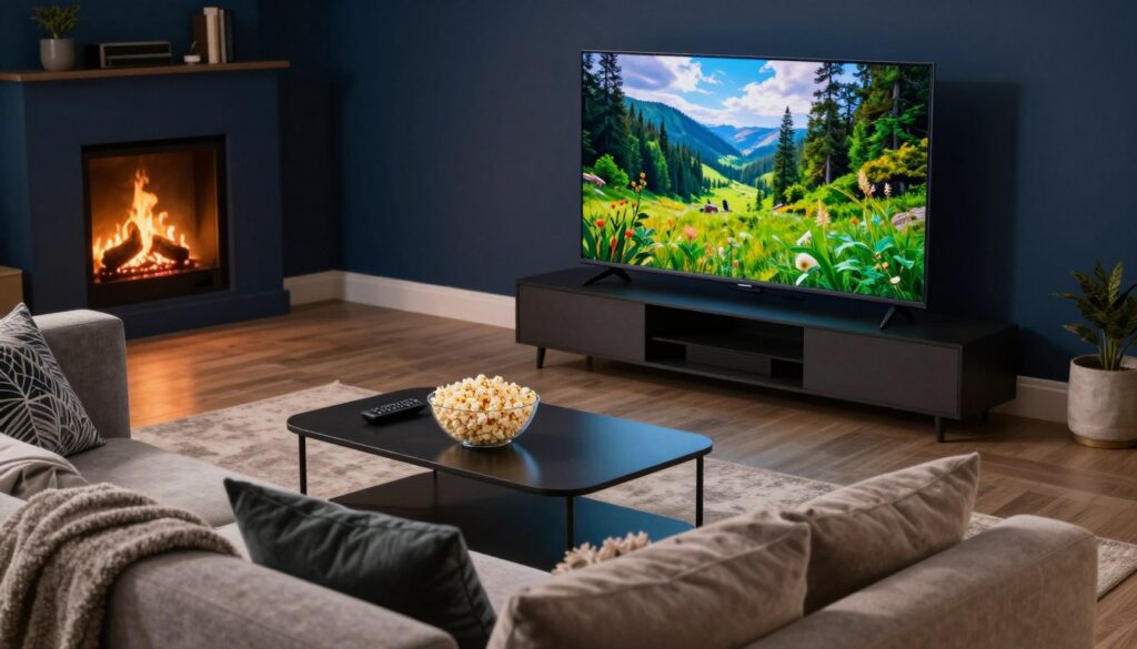 A cozy living room setup for 4K streaming, showcasing a sleek modern TV displaying vibrant, high-resolution visuals of nature. In the foreground, a plush, comfortable sofa is adorned with decorative cushions and a soft throw. The middle ground features a stylish coffee table holding a bowl of popcorn and a remote control, emphasizing a casual yet inviting atmosphere. In the background, a subtle fireplace flickers with warm light, and soft ambient lighting illuminates the room, creating a relaxed vibe. The color palette includes deep blues, rich greens, and warm neutrals, conveying a sense of comfort and luxury. The angles capture the room from a slightly elevated view, emphasizing the immersive experience of high-quality streaming.
