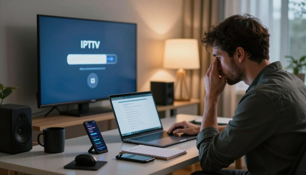 A cozy, modern home office scene depicting a professional, focused individual troubleshooting common IPTV issues during a UK trial. In the foreground, the individual, dressed in smart casual attire, sits at a sleek desk cluttered with tech gadgets like a laptop, a notepad with a checklist, and a smartphone displaying error messages. The middle ground features a wall-mounted TV showing a loading screen, illustrating a common playback issue. In the background, soft, warm lighting from a window creates a calm atmosphere. The overall mood is one of determination and problem-solving, with a hint of frustration as the individual examines the tech setup. Use a shallow depth of field to emphasize the focused subject against a softly blurred backdrop.
