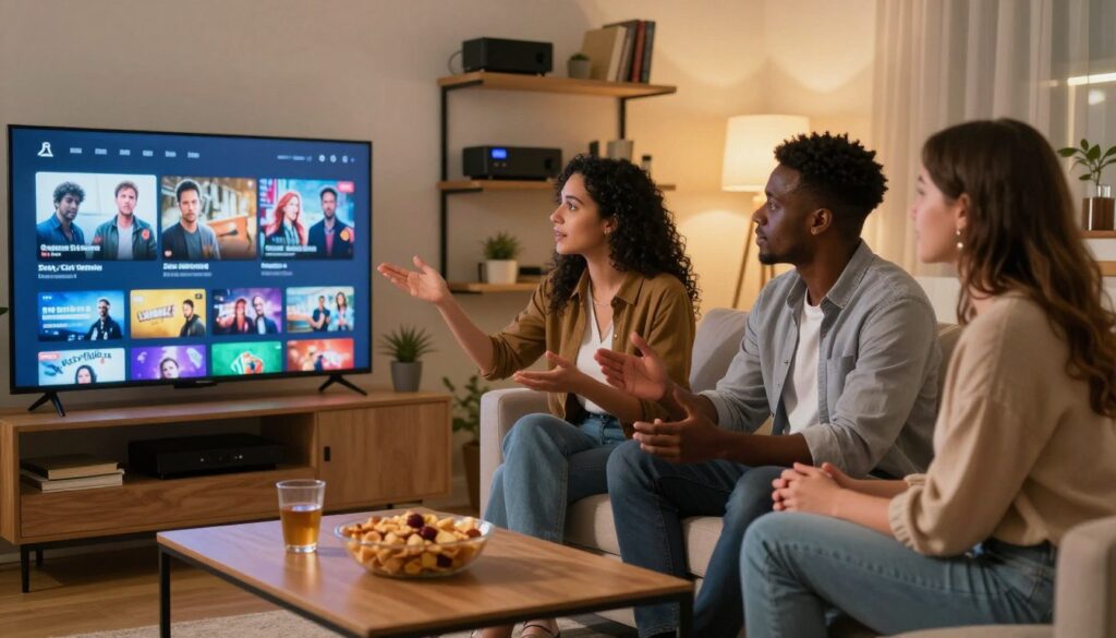 A cozy, modern living room with a diverse group of three individuals engaging in animated discussion around a sleek, large-screen TV showing a streaming interface. The foreground features a coffee table with snacks and drinks, creating an inviting atmosphere. In the middle, one person, a Hispanic woman in smart casual attire, gestures towards the TV, while a Black man in professional clothing and a Caucasian woman in modest attire attentively listen. The background showcases shelves filled with various streaming devices and books about movies and TV, complemented by warm, ambient lighting that creates a sense of community and connection. The perspective is slightly angled to highlight the interaction, and the overall mood is lively and informative, perfect for illustrating an online TV community atmosphere.