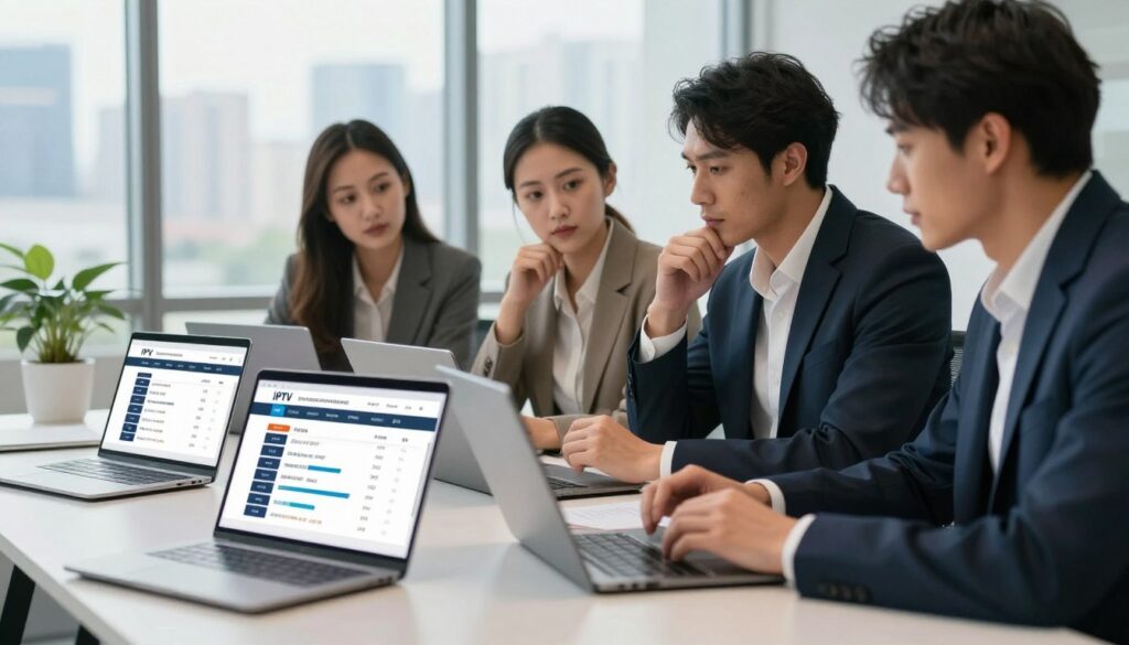 A detailed comparison of IPTV providers, illustrating various subscription packages and pricing in a modern office setting. In the foreground, a sleek desk displays open laptops showing different IPTV service logos and subscription plans, with charts comparing pricing tiers. In the middle, a group of three professionals—one woman and two men—analyze the data on the laptops, dressed in smart business attire, with thoughtful expressions. In the background, a large window offers a view of the city skyline, bathed in natural light, enhancing the professional atmosphere. The mood is focused and analytical, conveying a sense of informed decision-making regarding IPTV services.