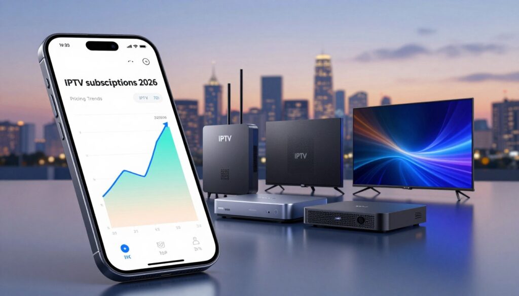 A digital illustration depicting the pricing trends for IPTV subscriptions in 2026. In the foreground, feature a sleek, modern smartphone displaying a colorful graph with clear upward and downward trends, symbolizing fluctuating prices. The middle ground includes an array of stylish, premium IPTV devices, such as set-top boxes and smart TVs, emphasizing advanced technology. In the background, a blurred city skyline at dusk, bathed in soft ambient lighting, adds depth and sophistication to the scene. The overall mood is analytical and forward-looking, suggesting a blend of innovation and market dynamics in the entertainment industry. Use a dynamic, slightly angled perspective to create visual interest, with a focus on the devices and the graph. Soft, professional lighting enhances the clarity and appeal of the products.