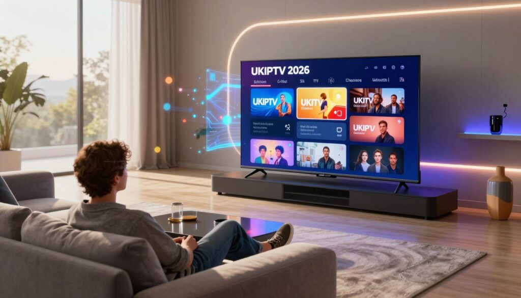 A futuristic living room featuring a sleek, modern television displaying vibrant streaming content related to UKIPTV 2026. In the foreground, a stylish sofa with plush cushions invites viewers to sit back and relax. The middle ground showcases the high-tech TV, with holographic elements emanating from the screen, symbolizing an immersive viewing experience. The background is filled with subtle smart home features, like ambient lighting and futuristic decor that enhances the tech-savvy environment. Natural light streams through large windows, creating a warm, inviting atmosphere. Lens flares from smart lighting add a touch of elegance, while the overall mood is one of excitement and innovation, illustrating how UKIPTV will revolutionize your entertainment experience.