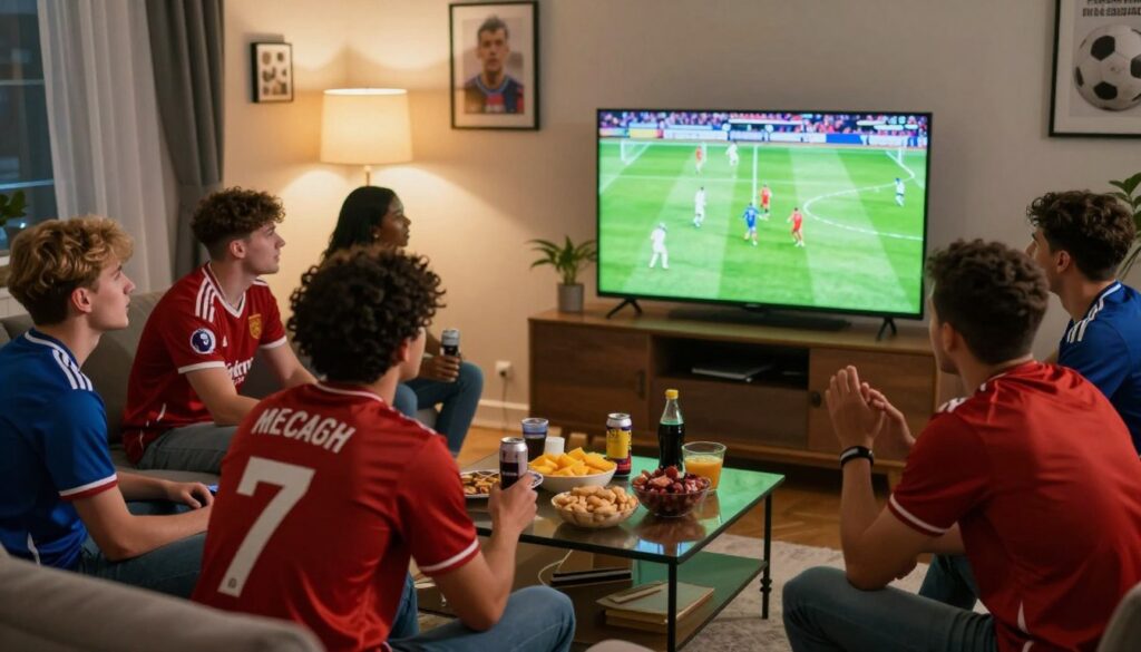 A lively, engaging scene depicting soccer fans watching a Premier League match together in a cozy living room. In the foreground, a diverse group of fans, including individuals of different ethnicities, are dressed in casual Premier League jerseys, intently focused on a large TV screen displaying a thrilling moment of the game. The middle ground features a coffee table cluttered with snacks and drinks, adding to the casual atmosphere. In the background, soft warm lighting creates a welcoming ambiance, with soccer memorabilia adorning the walls. The angle should capture the excitement on the fans' faces, conveying a sense of community and shared passion for soccer. The overall mood is vibrant and energetic, highlighting the joy of engaging with fellow fans during a crucial match.