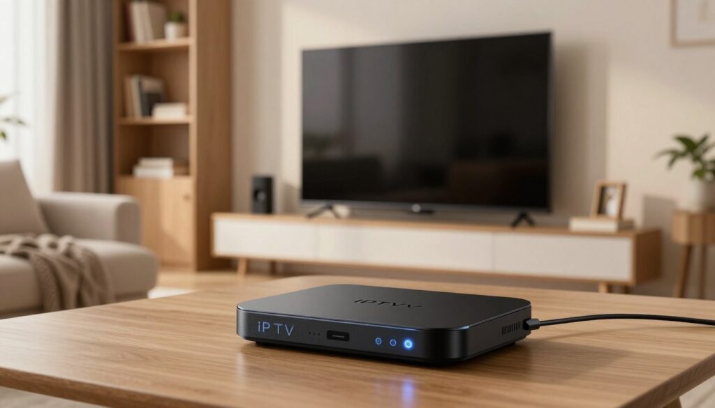 A modern IPTV box prominently displayed in the foreground, showcasing a sleek black design with LED lights glowing softly. The middle ground features a stylish home entertainment setup: a large flat-screen TV mounted on a wall and a comfortable sofa adorned with a cozy throw. In the background, subtle details include a stylish bookshelf and ambient lighting, creating a warm, inviting atmosphere. The scene is well-lit with a soft, natural light suggesting a late afternoon setting, enhancing the modern, family-friendly vibe. Capture this from a slightly elevated angle, emphasizing the IPTV box's importance in the home viewing experience, ensuring the composition conveys a sense of comfort and technology integration. A modern IPTV box prominently displayed in the foreground, showcasing a sleek black design with LED lights glowing softly. The middle ground features a stylish home entertainment setup: a large flat-screen TV mounted on a wall and a comfortable sofa adorned with a cozy throw. In the background, subtle details include a stylish bookshelf and ambient lighting, creating a warm, inviting atmosphere. The scene is well-lit with a soft, natural light suggesting a late afternoon setting, enhancing the modern, family-friendly vibe. Capture this from a slightly elevated angle, emphasizing the IPTV box's importance in the home viewing experience, ensuring the composition conveys a sense of comfort and technology integration.