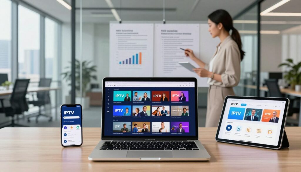 A modern digital workspace showcasing IPTV services: in the foreground, a sleek laptop displaying a colorful IPTV interface filled with diverse streaming options. Flanking the laptop, a smartphone and a tablet also show various IPTV apps. In the middle ground, a professional businesswoman in a smart casual outfit analyzes IPTV service comparisons, surrounded by notes and charts illustrating legal guidelines. The background features a contemporary office setting with glass walls and city skyline views, illuminated by soft natural light filtering from large windows. The scene conveys a mood of professionalism and progress, emphasizing both technology and the importance of legal considerations in the rapidly evolving digital media landscape.