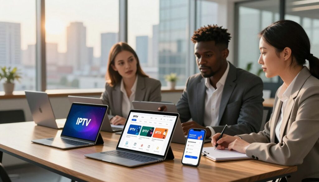 A modern digital workspace showcasing the key elements of top IPTV providers. In the foreground, a sleek wooden table displays various IPTV subscription models on tablets and smartphones, highlighting their logos and user interfaces. In the middle, a diverse group of three professionals in business attire—one Caucasian woman, one Black man, and one Asian woman—are engaged in a discussion, pointing at the screens while taking notes. The background features a glass window with a city skyline, bathed in warm afternoon sunlight that creates an inviting and professional atmosphere. Use soft lighting to enhance the focus on the figures and devices, while a slightly blurred background adds depth. The scene conveys a mood of collaboration and innovation in the realm of digital services.