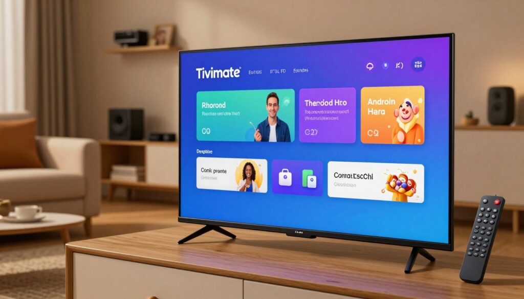 A modern flat-screen TV displaying the Tivimate app interface prominently, showcasing a sleek, user-friendly design with vibrant colors and clear menus. In the foreground, a remote control lies next to the TV, highlighting the interactive aspect of the app. In the middle ground, a cozy living room setting includes a comfortable couch and a coffee table, creating an inviting atmosphere. Soft ambient lighting bathes the room, emphasizing a relaxed viewing experience. In the background, subtle details of shelves with entertainment devices and decorations hint at various supported platforms, like Android TVs and streaming devices. The overall mood is warm and friendly, ideal for casual home entertainment.