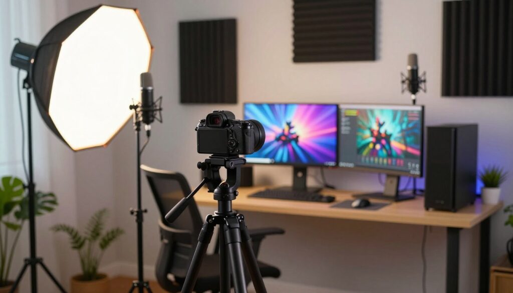 A modern home office setup showcasing essential equipment for 4K streaming. In the foreground, a sleek, high-resolution camera is focused, positioned on a sturdy tripod, surrounded by high-quality studio microphones and a softbox light that creates a warm, inviting glow. The middle ground features a stylish computer desk with a powerful streaming PC, dual monitors displaying vibrant 4K visuals, and a comfortable ergonomic chair. In the background, soundproof panels enhance the acoustics, with tasteful professional decor and plants adding a touch of freshness. The lighting is bright yet soft, emphasizing a productive atmosphere ideal for content creation. The overall mood is focused and inspiring, perfect for aspiring streamers to visualize their setups.