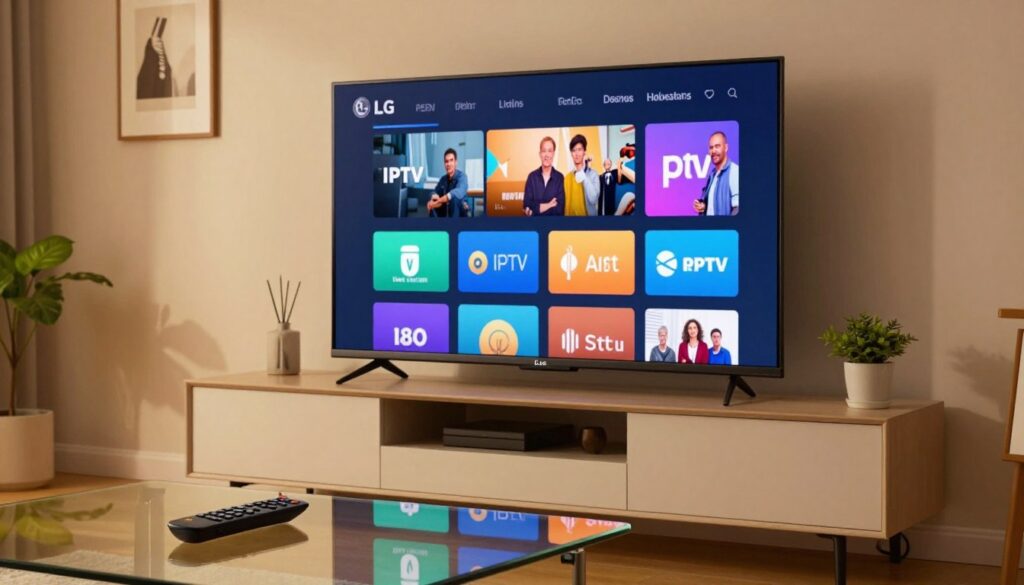 A modern living room featuring a sleek LG Smart TV prominently displayed on a stylish entertainment center. In front of the TV, a remote control rests on a glass coffee table, hinting at the ease of accessing various IPTV apps. The screen glows softly, showcasing a user-friendly IPTV app interface with colorful icons and a visually appealing layout without any visible text. Warm, ambient lighting bathes the room, reflecting a cozy and inviting atmosphere. In the background, subtle hints of home decor, like framed art and potted plants, provide context. The scene is captured from a slight angle to emphasize the TV and its vibrant display, evoking a sense of modern technology seamlessly integrated into everyday life.
