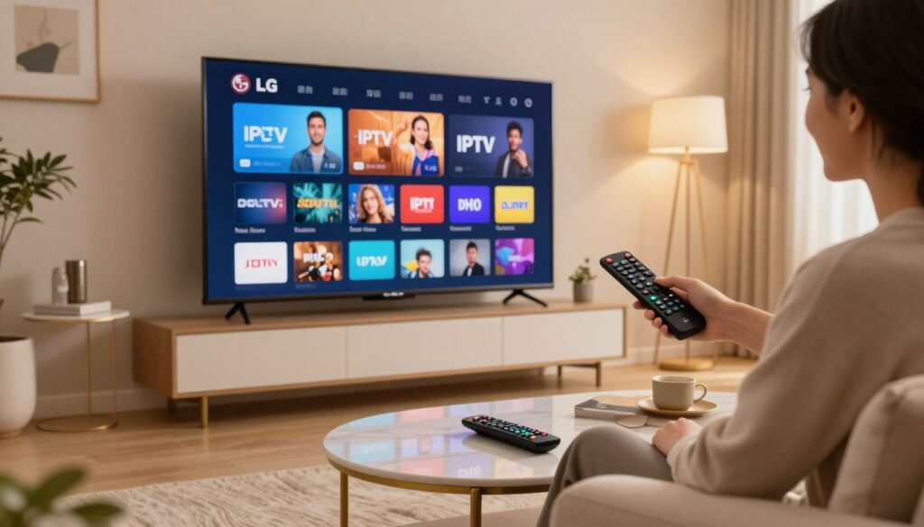 A modern living room featuring a sleek LG TV prominently displaying an IPTV interface on its screen, surrounded by cozy furniture like a stylish couch and an elegant coffee table. In the foreground, a remote control lies on the coffee table, showcasing bright buttons, emphasizing user interaction. The middle of the scene captures the vibrant on-screen menu of various IPTV apps, illustrating choices and navigation. Soft, warm lighting gently illuminates the room, creating an inviting atmosphere. The background includes decorative elements like framed art and indoor plants, ensuring a harmonious and sophisticated ambiance. A professional individual wearing smart casual attire sits on the couch, looking pleased while using the remote, embodying a sense of comfort and modern technology integration. The scene is shot from a slightly low angle, adding depth and focus to the TV.