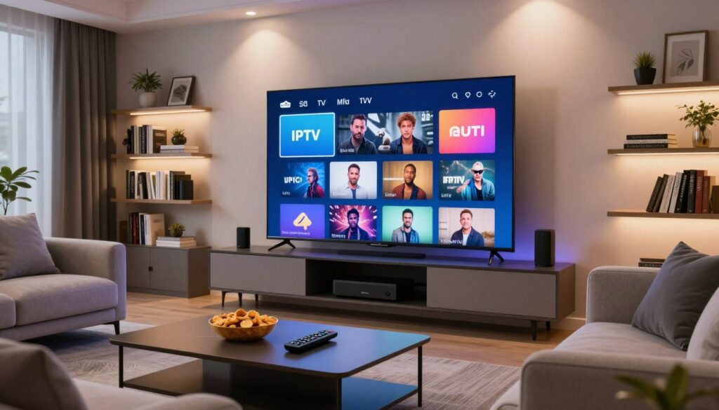 A modern living room featuring a sleek, large-screen TV displaying a vibrant user interface of premium IPTV channels. In the foreground, a stylish coffee table holds a remote control and a bowl of snacks, while a comfortable couch adorned with plush cushions invites viewers to sit. The middle ground showcases a contemporary media console with LED lights, showcasing various streaming devices. The background features shelves lined with books and decorative plant accents, creating an inviting atmosphere. Soft, ambient lighting fills the room, emanating from recessed ceiling lights, creating a cozy feel. The scene conveys a sense of modern entertainment, focusing on a premium viewing experience while reflecting legal considerations in IPTV usage through an organized and professional aesthetic.