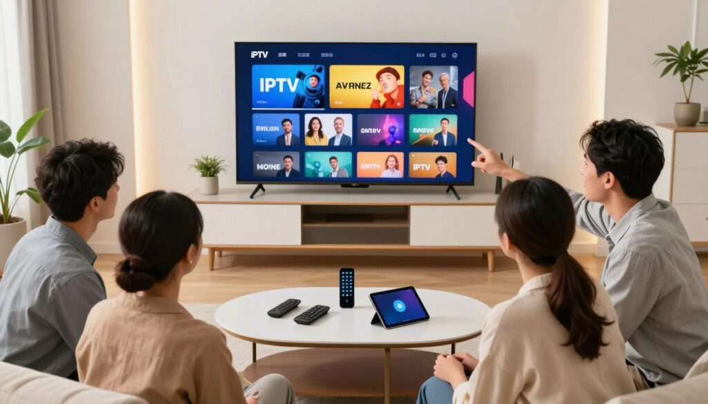 A modern living room filled with technology, showcasing a sleek television prominently displaying a colorful IPTV interface with various channel options. In the foreground, a diverse group of three professionals in smart casual attire is engaged in a discussion, pointing at the screen with expressions of enthusiasm and focus. In the middle, elegant furniture with a stylish coffee table supports devices like smart remotes and tablets, hinting at the benefits of IPTV. The background features bright, ambient lighting that creates a warm and inviting atmosphere, with potted plants and minimalistic decor accenting the space. Capture this scene from a slightly elevated angle to emphasize the interaction and technology while maintaining a relaxed yet professional vibe.