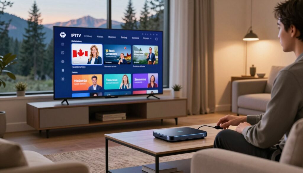 A modern living room scene featuring a cozy sofa with a sleek IPTV device on the coffee table, displaying a vibrant interface on a large television screen. In the background, a window reveals a view of quintessential Canadian scenery with pine trees and a hint of mountains. The warm ambient lighting creates a welcoming atmosphere, highlighting the contemporary decor and soft textures of the room. A person in professional business attire is seated, actively engaging with the IPTV device, showcasing the ease of access to channels. The focus is on the interconnectedness of technology and everyday life in Canada, capturing the essence of IPTV's growth in homes across the country. The image should convey innovation, familiarity, and the potential of IPTV in a modern Canadian setting.
