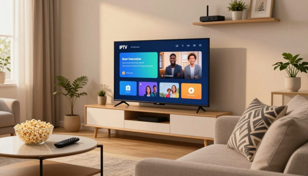 A modern living room scene featuring a sleek TV displaying a user-friendly IPTV interface. In the foreground, a comfortable sofa with a stylish throw pillow invites viewers to relax. To the left, a chic coffee table holds a bowl of popcorn and a remote control, emphasizing the home entertainment aspect. In the background, a wall-mounted shelf displays various streaming devices and a few decorative plants, creating a cozy atmosphere. The lighting is warm and inviting, coming from a nearby window with soft curtains, suggesting an afternoon setting. The scene conveys a sense of accessibility and affordability, perfect for families and individuals looking for budget-friendly IPTV options in the UK.