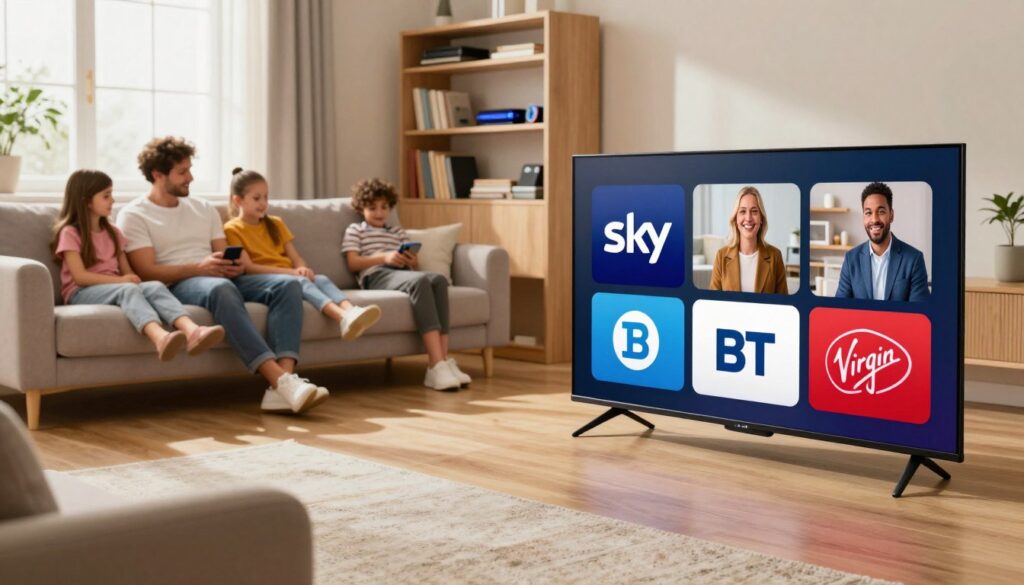 A modern living room setting illustrating the concept of top IPTV providers in the UK. In the foreground, a sleek, high-definition television displays logos of popular IPTV providers such as Sky, BT, and Virgin Media, symbolizing choice and variety. The middle ground features a cozy sofa with a family enjoying a streaming service, showcasing diverse demographics dressed in casual, professional attire. The background displays bookshelves with tech gadgets and soft lighting, creating a warm, inviting atmosphere. Use natural light streaming through a window to enhance the ambiance, captured from a slightly elevated perspective, focusing on a wide-angle view that conveys comfort and technology in the home. A modern living room setting illustrating the concept of top IPTV providers in the UK. In the foreground, a sleek, high-definition television displays logos of popular IPTV providers such as Sky, BT, and Virgin Media, symbolizing choice and variety. The middle ground features a cozy sofa with a family enjoying a streaming service, showcasing diverse demographics dressed in casual, professional attire. The background displays bookshelves with tech gadgets and soft lighting, creating a warm, inviting atmosphere. Use natural light streaming through a window to enhance the ambiance, captured from a slightly elevated perspective, focusing on a wide-angle view that conveys comfort and technology in the home.