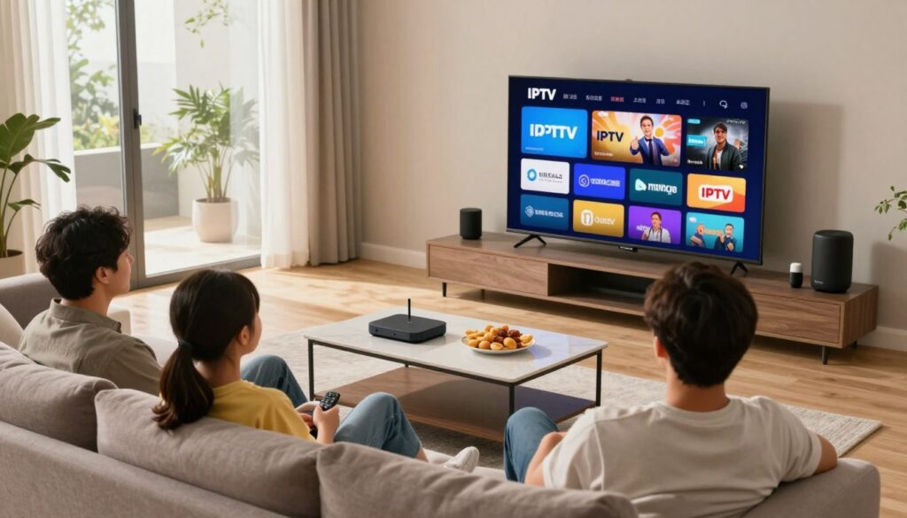 A modern living room setting showcasing a family enjoying IPTV services. In the foreground, a comfortable sofa with a couple of adults relaxing and watching a large flat-screen TV displaying various IPTV platforms' logos and vibrant streaming content. The middle ground features a stylish coffee table with remote controls and snacks, and various technological gadgets like a streaming device and smart speakers. The background includes a warm, inviting ambiance with ample natural light coming from large windows, accentuated by cozy decor. Use soft, diffused lighting to create a tranquil and engaging atmosphere. The overall mood is enjoyable and modern, emphasizing the convenience and entertainment value of top UK IPTV providers. A modern living room setting showcasing a family enjoying IPTV services. In the foreground, a comfortable sofa with a couple of adults relaxing and watching a large flat-screen TV displaying various IPTV platforms' logos and vibrant streaming content. The middle ground features a stylish coffee table with remote controls and snacks, and various technological gadgets like a streaming device and smart speakers. The background includes a warm, inviting ambiance with ample natural light coming from large windows, accentuated by cozy decor. Use soft, diffused lighting to create a tranquil and engaging atmosphere. The overall mood is enjoyable and modern, emphasizing the convenience and entertainment value of top UK IPTV providers.