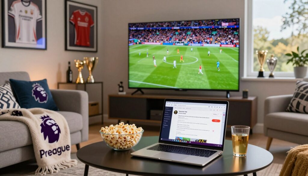 A modern living room setup featuring a cozy couch adorned with a Premier League-themed blanket and pillows. In the foreground, a sleek laptop is open, displaying a Reddit page with live streams of Premier League matches. On the coffee table, a bowl of popcorn and a refreshing drink add to the ambiance. In the middle ground, a large flat-screen TV shows a thrilling match scene with vibrant colors and energetic players in action. The background includes a wall adorned with framed football jerseys and trophies, enhancing the sports atmosphere. Soft, warm lighting creates an inviting mood, while a window reveals a sunny day outside, suggesting an ideal day for watching football with friends. The overall composition evokes excitement and comfort for sports fans.