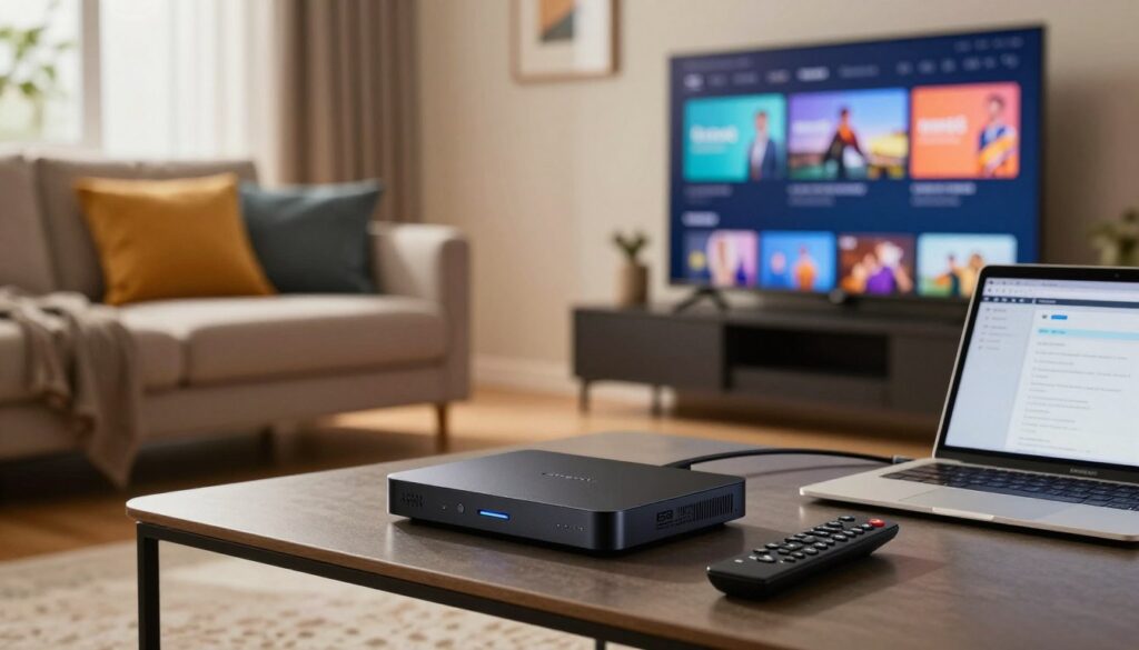 A modern living room setup featuring a sleek IPTV installation. In the foreground, a stylish black set-top box is connected to a flat-screen TV, which displays a vibrant IPTV interface. To the side, a remote control rests on a stylish coffee table, next to a laptop displaying setup instructions. The middle ground showcases a cozy couch adorned with colorful cushions, creating a welcoming atmosphere. In the background, a window lets in natural light, enhancing the warm, inviting ambiance. The scene is captured from a slight low angle, emphasizing the technology while highlighting the comfort of the living space. Soft, ambient lighting accentuates the sleek design, creating a contemporary yet homely feel. A modern living room setup featuring a sleek IPTV installation. In the foreground, a stylish black set-top box is connected to a flat-screen TV, which displays a vibrant IPTV interface. To the side, a remote control rests on a stylish coffee table, next to a laptop displaying setup instructions. The middle ground showcases a cozy couch adorned with colorful cushions, creating a welcoming atmosphere. In the background, a window lets in natural light, enhancing the warm, inviting ambiance. The scene is captured from a slight low angle, emphasizing the technology while highlighting the comfort of the living space. Soft, ambient lighting accentuates the sleek design, creating a contemporary yet homely feel.