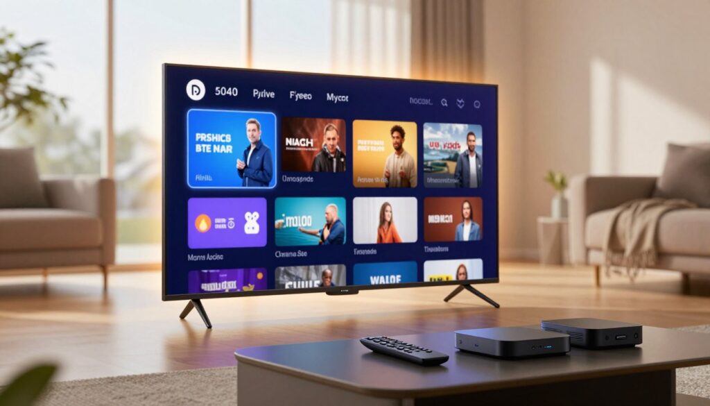 A modern living room setup showcasing a sleek, high-tech smart TV with vibrant display settings and an interactive user interface. In the foreground, focus on the smart TV, displaying various popular streaming services, with an LED accent light providing a warm glow. In the middle, include a stylish coffee table with a remote control and a couple of streaming device boxes, enhancing the tech-savvy atmosphere. The background features cozy furniture with large windows letting in soft, natural light, creating an inviting ambiance. The lens should have a slight depth of field to emphasize the TV while softly blurring the background. Overall, the mood is relaxed and contemporary, capturing the essence of enhancing the IP television experience in a modern UK home.