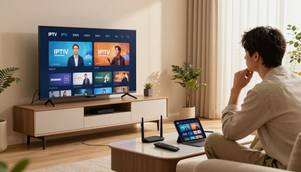 A modern living room setup showcasing diverse equipment for IPTV service installation. In the foreground, a sleek, contemporary TV stands on a stylish media console, cables neatly organized. A user is casually dressed in smart attire, examining an IPTV interface on the screen, a look of concentration on their face. In the middle, a stylish coffee table features a remote control, a router, and a tablet displaying streaming options. In the background, curtains softly filter natural light, creating a warm, inviting atmosphere. The room has a cozy vibe with comfortable furniture and a few decorative plants. Use soft lighting to enhance the welcoming mood, capturing a sense of ease that comes with setting up an IPTV service at home.