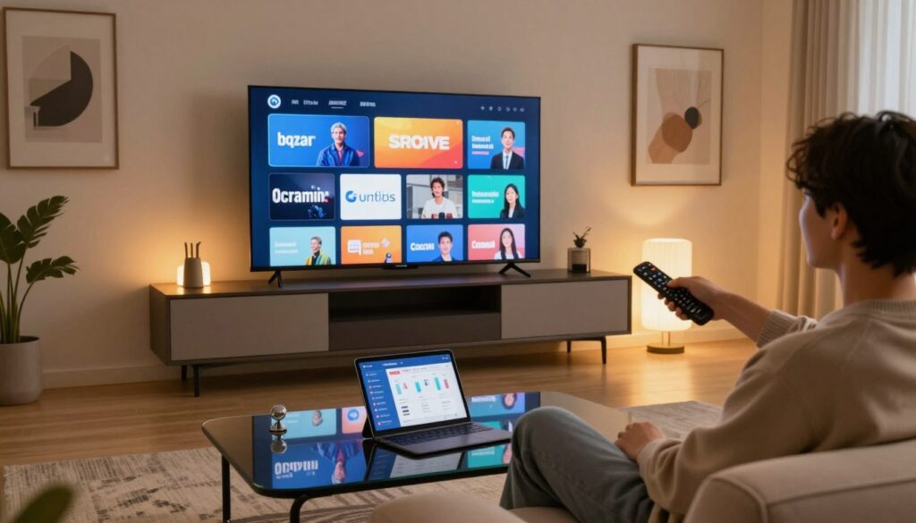 A modern living room with a sleek entertainment center displaying a high-definition TV streaming vivid channels. In the foreground, a person in smart casual attire sits comfortably on a stylish sofa, holding a remote control and looking intrigued by the content on screen. The middle of the scene showcases streaming service logos, subtly integrated into the environment, while a laptop and tablet on a coffee table reflect the subscription model concept, featuring charts and visuals of subscription plans. The room is softly illuminated by warm, ambient lighting that creates a cozy and inviting atmosphere, suggesting a stimulating yet relaxed viewing experience. The background features a contemporary decor with tastefully arranged artwork, blending a sense of modernity and comfort, ideal for a premium IPTV experience.