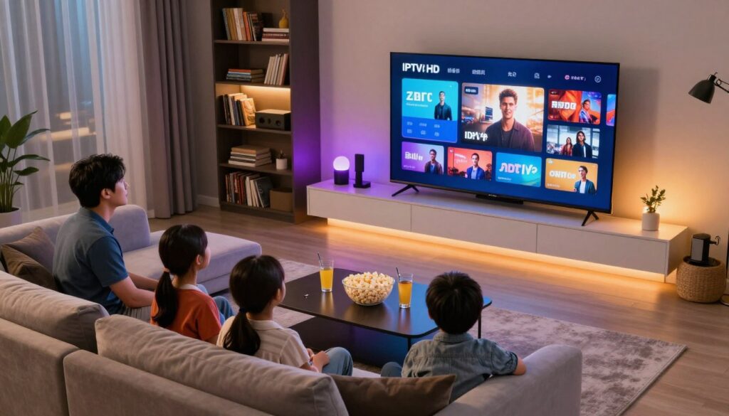 A modern living room with a sleek sectional sofa and a large, ultra-HD flat-screen TV displaying vibrant IPTV content. In the foreground, a family of four—dressed in casual yet neat clothing—sits comfortably, engrossed in a movie night, popcorn and drinks on the coffee table. The middle ground shows a minimalist entertainment setup with colorful LED lights illuminating the space, creating a warm and inviting atmosphere. In the background, shelves filled with books and games add a personal touch. The scene is well-lit with soft, ambient lighting, evoking a feeling of relaxation and joy. The angle is slightly elevated, capturing the essence of a cozy entertainment haven, perfect for IPTV enjoyment.