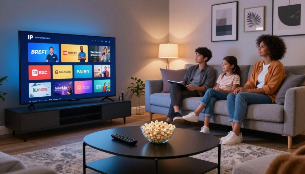 A modern, sleek living room setting with an elegant flat-screen smart TV displaying vibrant streaming options from various IP television service providers. In the foreground, a stylish coffee table with a remote control and a bowl of popcorn, inviting a cozy movie night atmosphere. In the middle ground, a comfortable sofa adorned with plush cushions, where a family is gathered, dressed in casual yet smart attire, engaging with the TV in anticipation. The background features soft ambient lighting with subtle wall art that reflects a contemporary decor style. The scene is framed using a slightly elevated angle, creating an immersive, inviting mood that showcases the excitement of discovering top IP television picks.