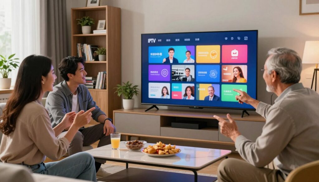 A modern, sleek living room with a large, flat-screen TV displaying a vibrant IPTV interface, showcasing various channel options and vibrant colors. In the foreground, a diverse group of three individuals—a young woman in smart casual attire, a middle-aged man in business casual, and an elderly person in comfortable clothing—are engaged in animated discussion, smiling and pointing at the TV. The middle ground features a stylish coffee table with snacks and drinks, while the background shows a cozy bookshelf filled with DVDs and plants. Soft, warm lighting pours in from a nearby window, creating a welcoming and inviting atmosphere. The mood reflects excitement and satisfaction, visually capturing the essence of customer reviews and recommendations for reliable IPTV services. A modern, sleek living room with a large, flat-screen TV displaying a vibrant IPTV interface, showcasing various channel options and vibrant colors. In the foreground, a diverse group of three individuals—a young woman in smart casual attire, a middle-aged man in business casual, and an elderly person in comfortable clothing—are engaged in animated discussion, smiling and pointing at the TV. The middle ground features a stylish coffee table with snacks and drinks, while the background shows a cozy bookshelf filled with DVDs and plants. Soft, warm lighting pours in from a nearby window, creating a welcoming and inviting atmosphere. The mood reflects excitement and satisfaction, visually capturing the essence of customer reviews and recommendations for reliable IPTV services.