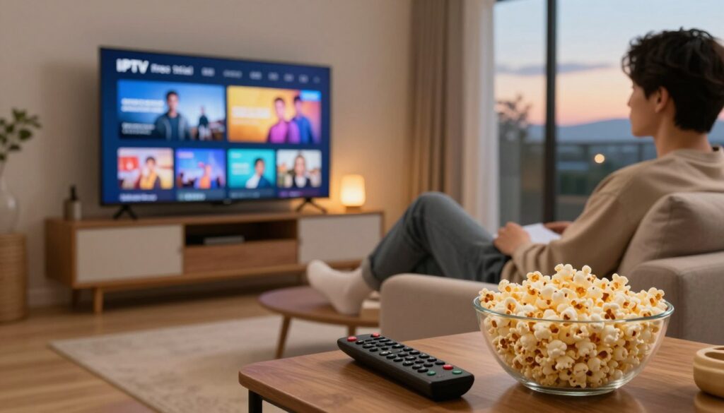 A modern, stylish living room with a comfortable couch and a sleek television displaying a vibrant IPTV interface. In the foreground, a remote control rests on the table next to a bowl of popcorn. The scene is illuminated by warm, inviting lighting, creating a cozy atmosphere. In the middle ground, a person in smart casual attire sits relaxed on the couch, engaged in selecting entertainment options on the TV. In the background, a large window reveals a view of a serene evening sky, enhancing the sense of relaxation and enjoyment. The overall mood is inviting and comforting, perfect for enjoying a free trial of IPTV services. The composition is shot from a slightly angled perspective to draw the viewer into the scene.